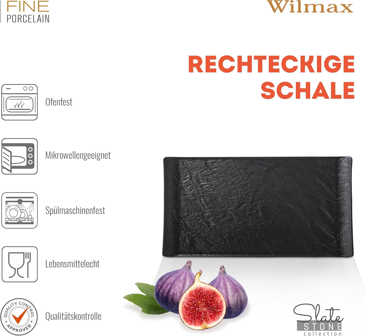 Wilmax Servierplatte 15 × 8 cm 6er-Set Schwarz aus Porzellan