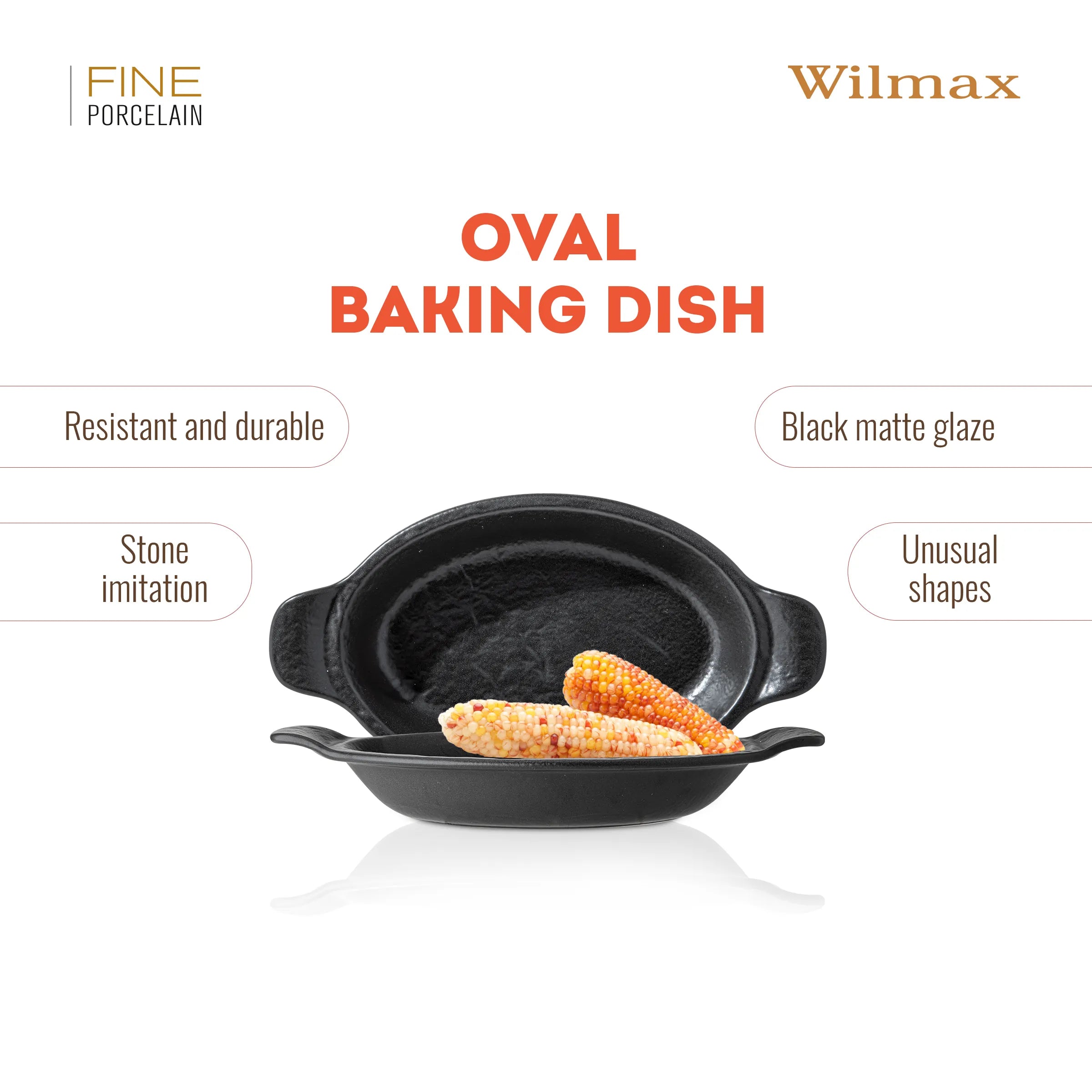 Wilmax Ovale Auflaufform 28 × 16 cm 500 ml Schwarz aus Porzellan