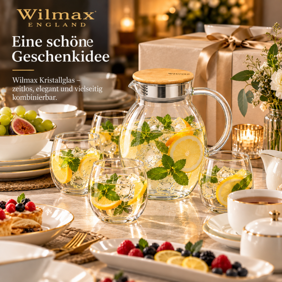 Wilmax Krug 2400 ml mit Bambusdeckel und Filter Transparent aus Thermoglas