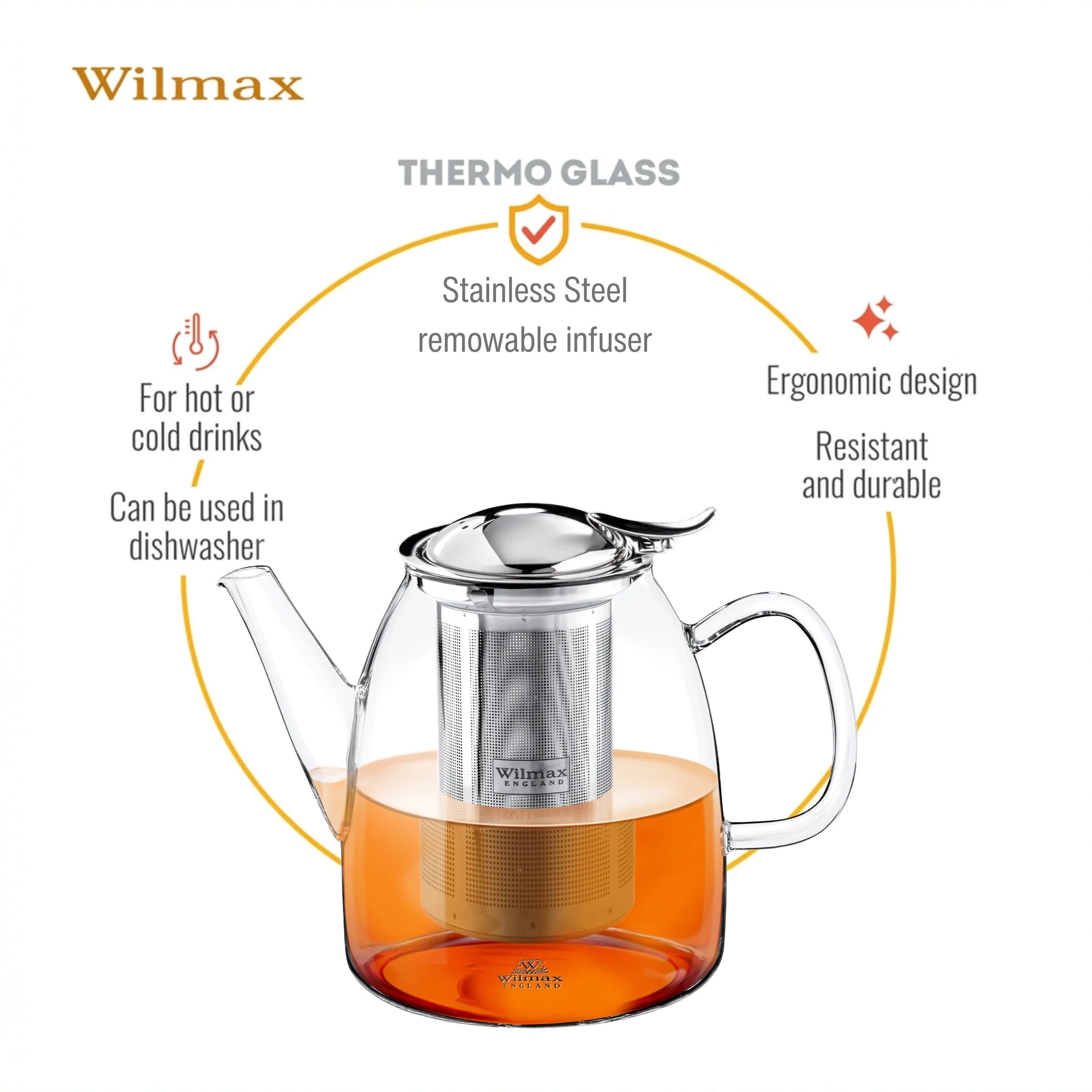 Wilmax Teekanne 950 ml mit Edelstahlfilter Transparent aus Thermoglas
