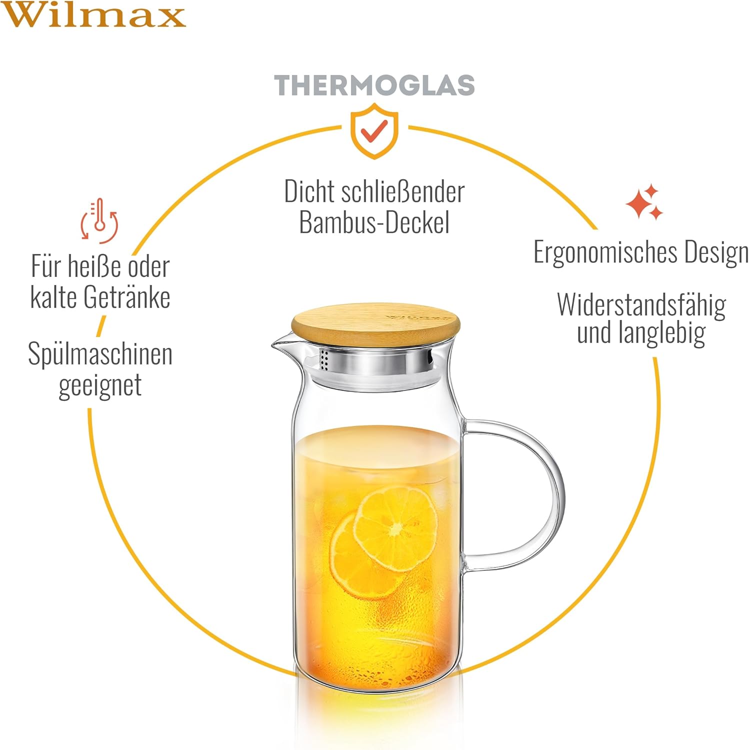 Wilmax Krug 1000 ml mit Bambusdeckel Transparent aus Thermoglas