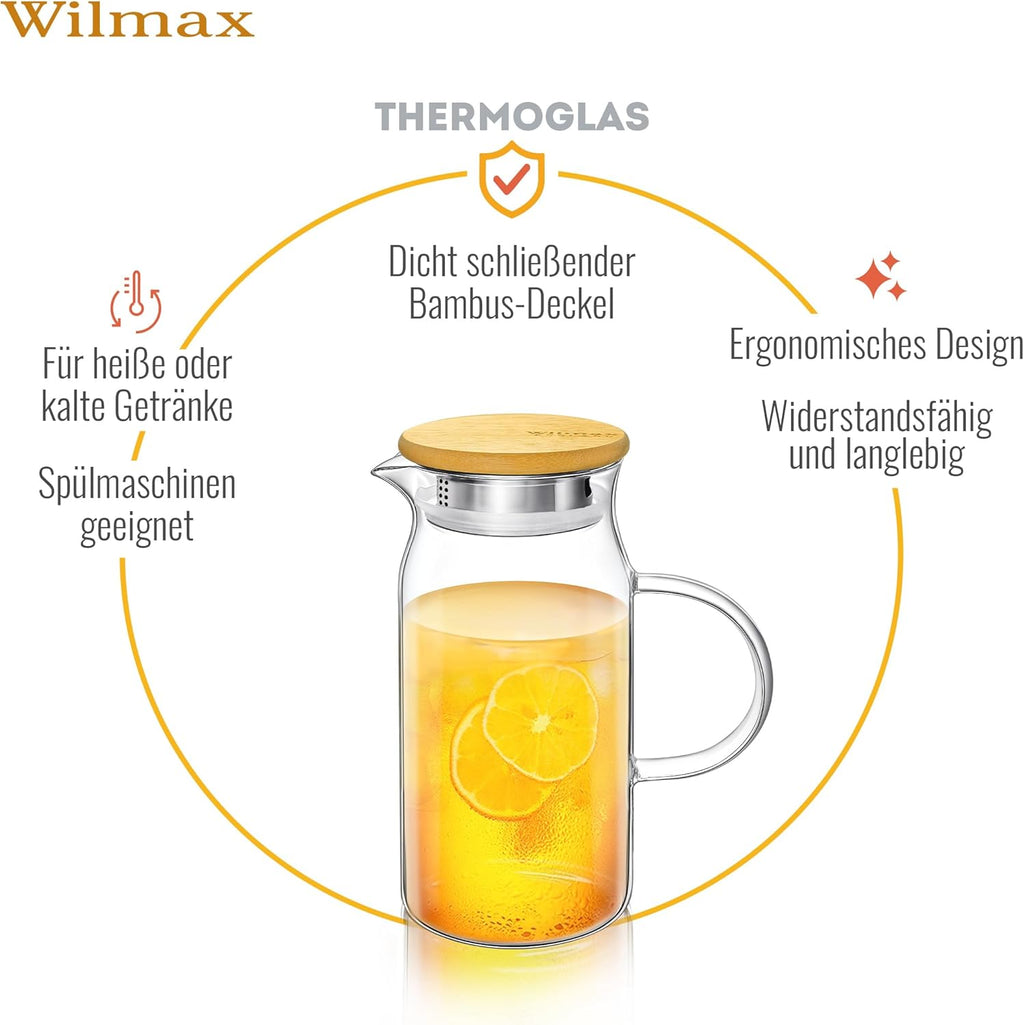 Wilmax Krug 1000 ml mit Bambusdeckel Transparent aus Thermoglas