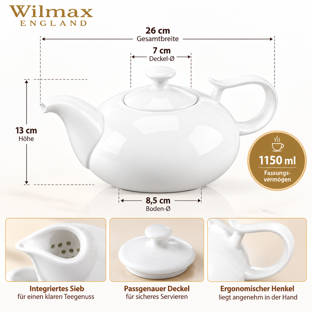 Wilmax Kaffee- und Teekanne mit integriertem Ausgusssieb 1150 ml Weiß aus Porzellan