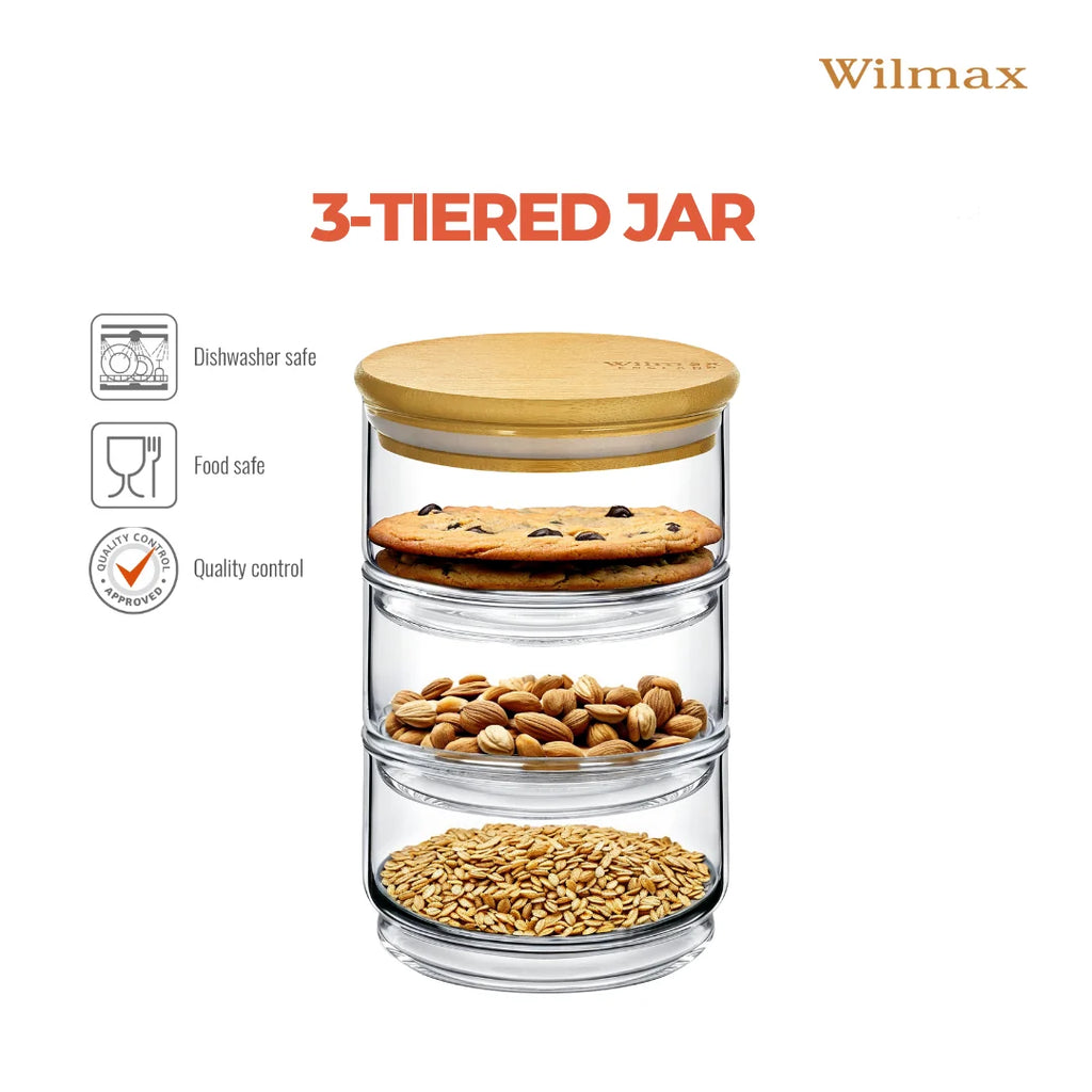 Wilmax Vorratsglas 3-stufig mit Bambusdeckel Transparent