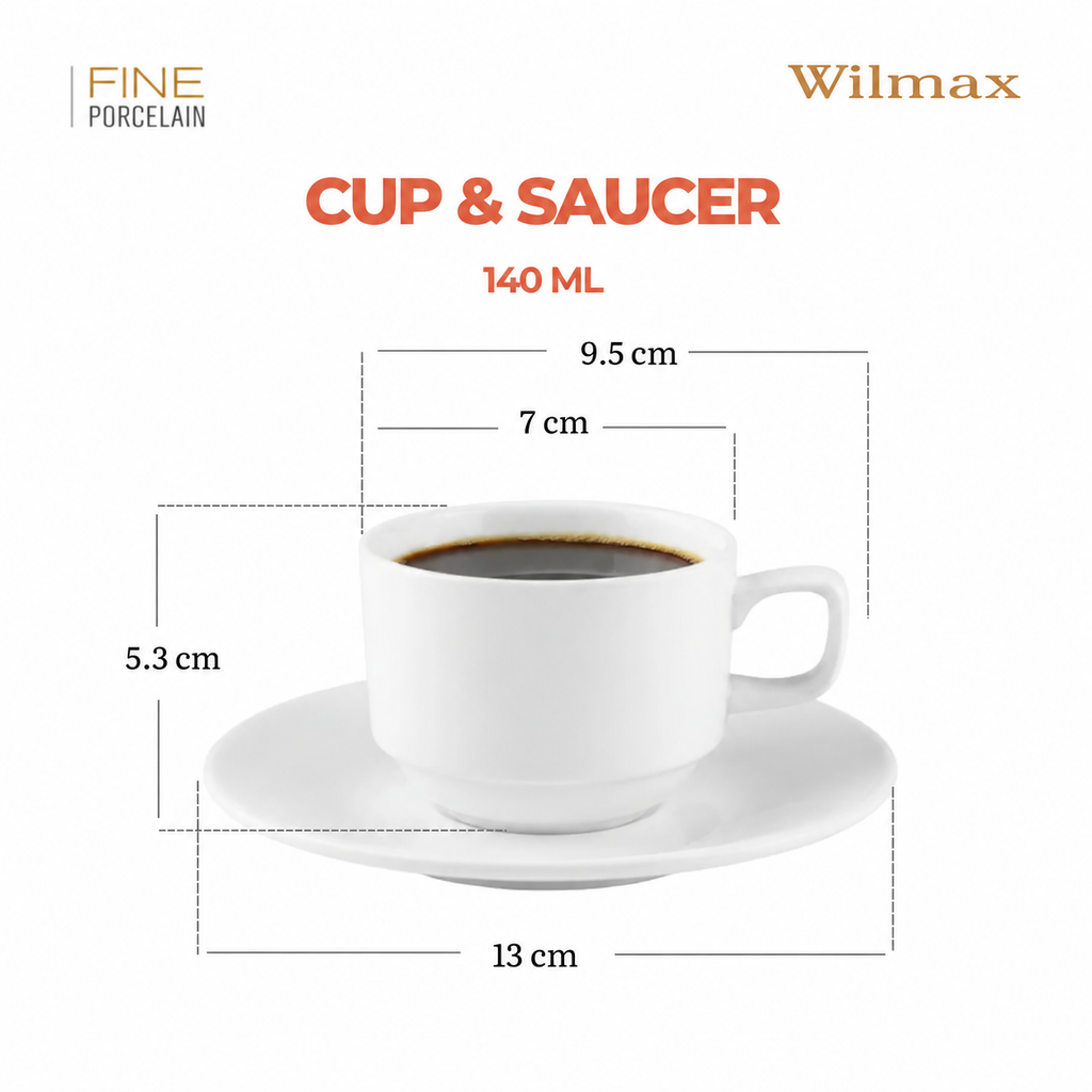 Wilmax Kaffeetassen mit Untertassen 140 ml 6er-Set Weiß aus Porzellan
