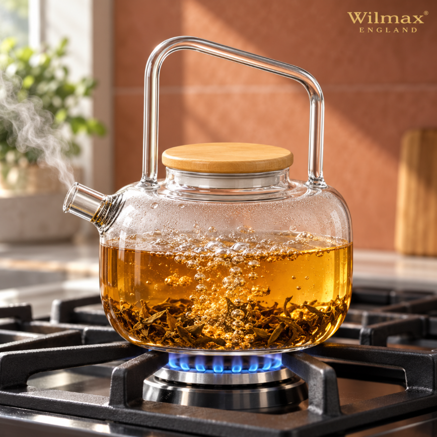 Wilmax Teekanne 1000 ml mit Federfilter und Bambusdeckel Transparent aus Thermoglas